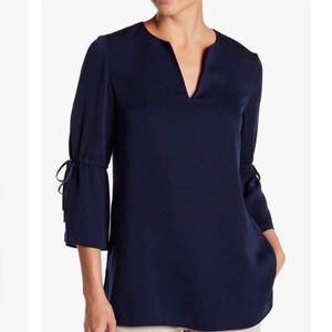 Lafayette 148 New York Sela Silk Blouse Top V-Neck Tie Split Sleeve Women Size S